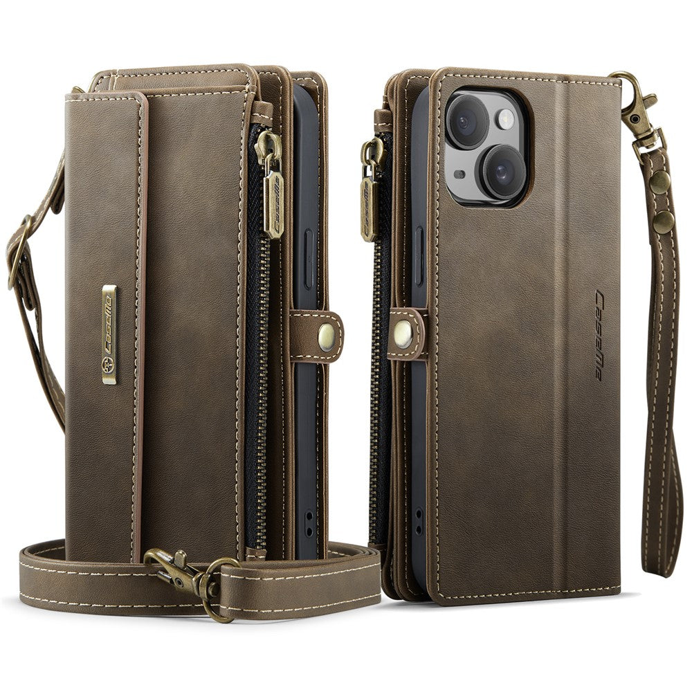 CASEME For iPhone 14 Plus Case  C39 RFID Blocking Zipper Wallet Stand Leather Cover with Strap
