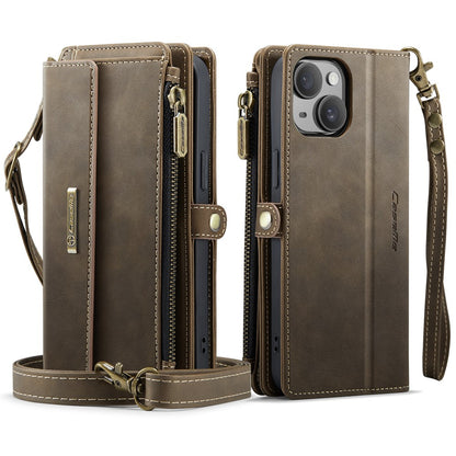CASEME For iPhone 14 Plus Case  C39 RFID Blocking Zipper Wallet Stand Leather Cover with Strap