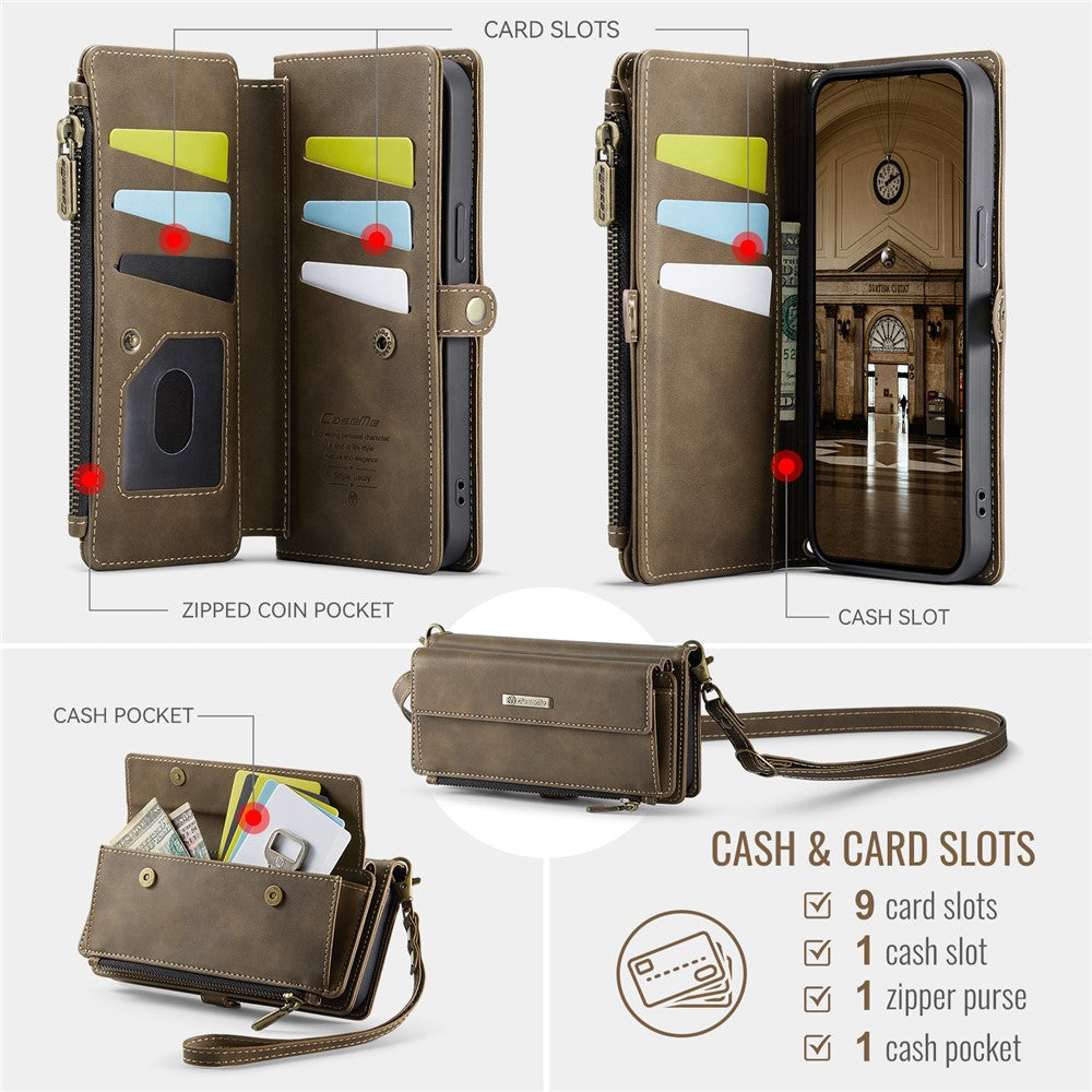 CASEME For iPhone 14 Plus Case  C39 RFID Blocking Zipper Wallet Stand Leather Cover with Strap