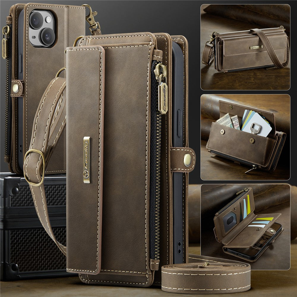 CASEME For iPhone 14 Plus Case  C39 RFID Blocking Zipper Wallet Stand Leather Cover with Strap