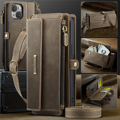 CASEME For iPhone 14 Plus Case  C39 RFID Blocking Zipper Wallet Stand Leather Cover with Strap
