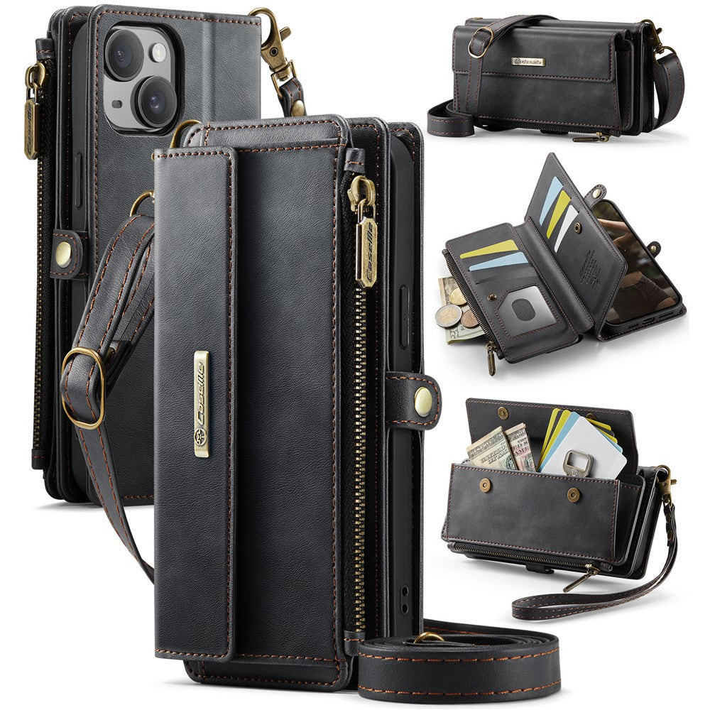 CASEME For iPhone 14 Plus Case  C39 RFID Blocking Zipper Wallet Stand Leather Cover with Strap