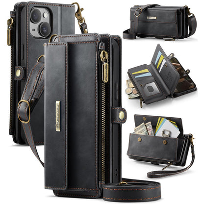 CASEME For iPhone 14 Plus Case  C39 RFID Blocking Zipper Wallet Stand Leather Cover with Strap