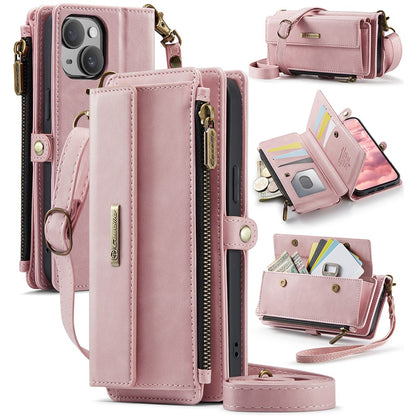 CASEME For iPhone 14 Plus Case  C39 RFID Blocking Zipper Wallet Stand Leather Cover with Strap