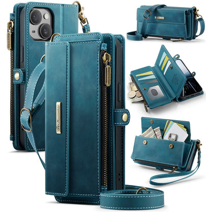 CASEME For iPhone 14 Plus Case  C39 RFID Blocking Zipper Wallet Stand Leather Cover with Strap