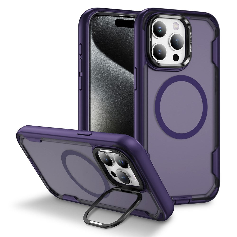 For iPhone 15 Pro Max Case Compatible with MagSafe Lens Frame Kickstand TPU + PC Shockproof Phone Cover