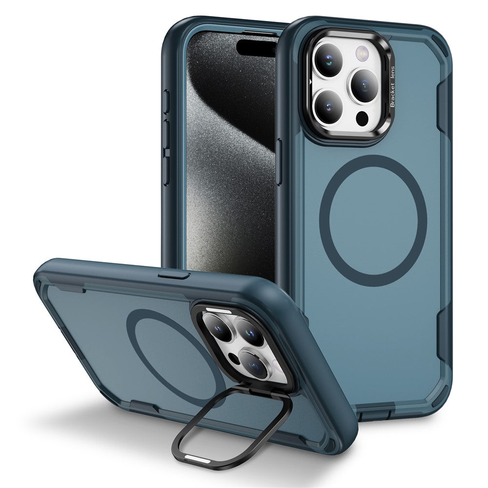For iPhone 15 Pro Case Compatible with MagSafe Lens Frame Kickstand TPU + PC Shockproof Phone Cover