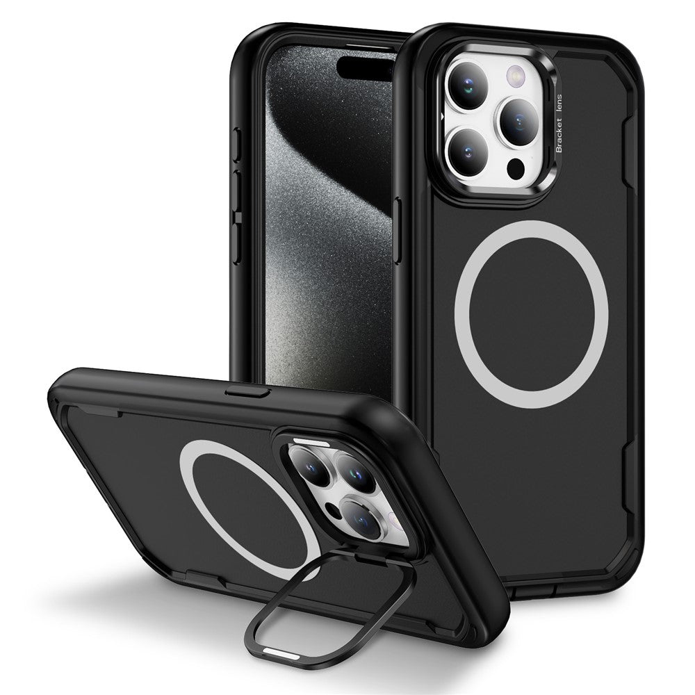 For iPhone 15 Pro Case Compatible with MagSafe Lens Frame Kickstand TPU + PC Shockproof Phone Cover