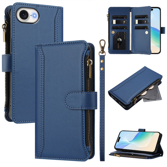 For iPhone 17e / 16e Leather Case 9 Card Slots Zipper Wallet Stand Phone Cover with Wrist Strap