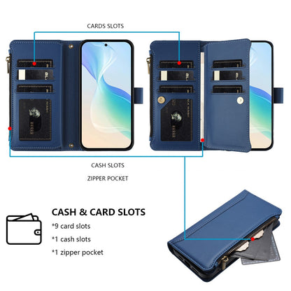 For iPhone 17e / 16e Leather Case 9 Card Slots Zipper Wallet Stand Phone Cover with Wrist Strap
