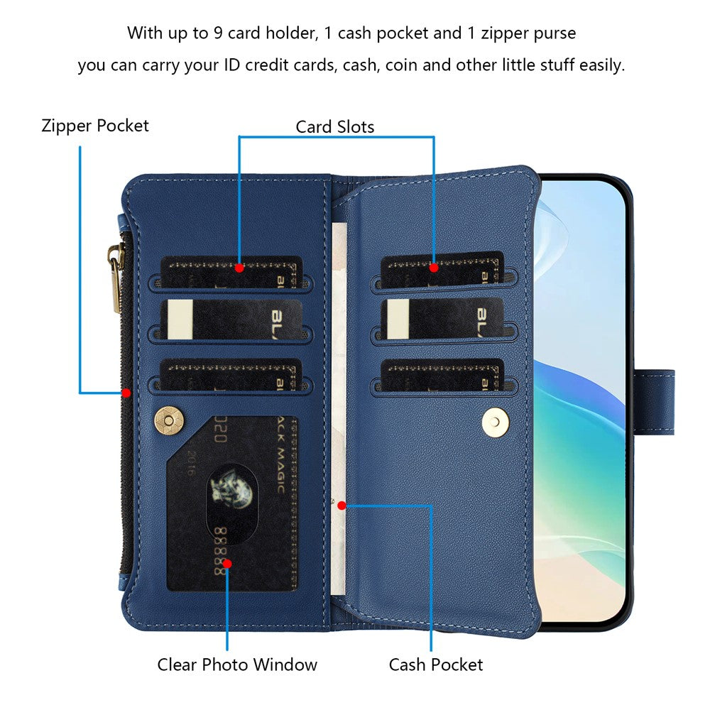 For iPhone 17e / 16e Leather Case 9 Card Slots Zipper Wallet Stand Phone Cover with Wrist Strap