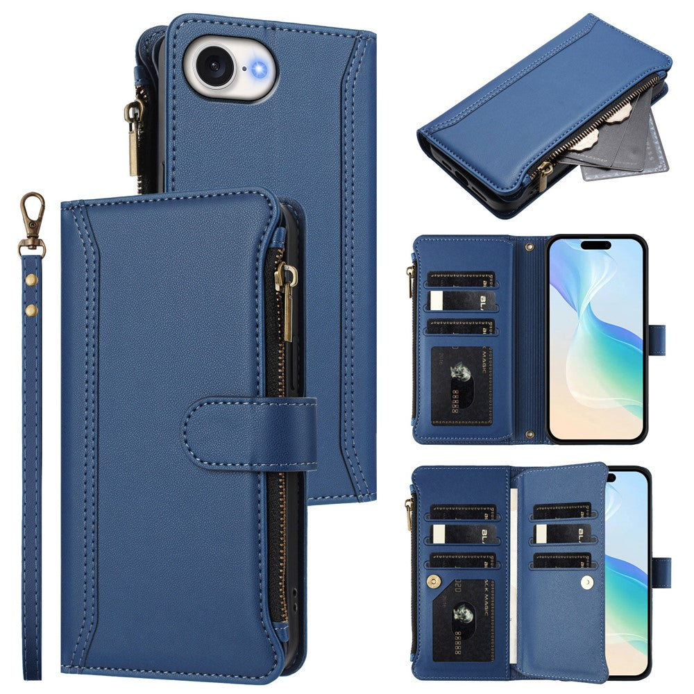 For iPhone 17e / 16e Leather Case 9 Card Slots Zipper Wallet Stand Phone Cover with Wrist Strap