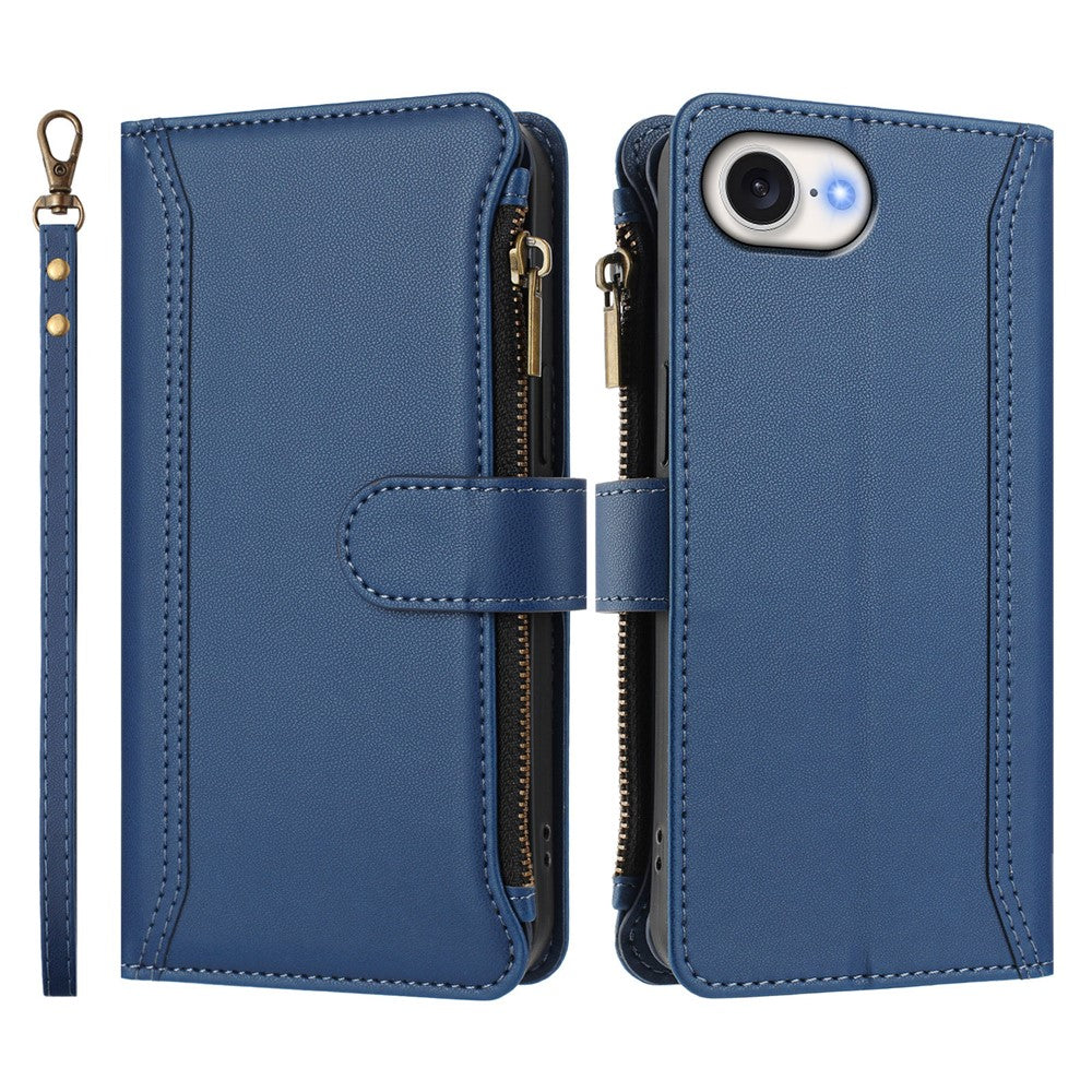 For iPhone 17e / 16e Leather Case 9 Card Slots Zipper Wallet Stand Phone Cover with Wrist Strap