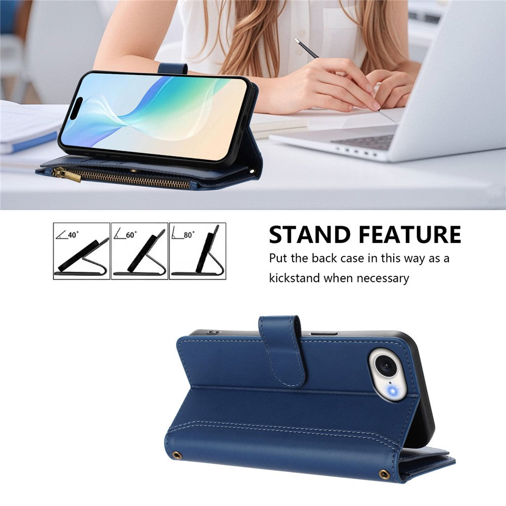 For iPhone 17e / 16e Leather Case 9 Card Slots Zipper Wallet Stand Phone Cover with Wrist Strap