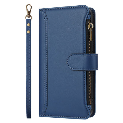 For iPhone 17e / 16e Leather Case 9 Card Slots Zipper Wallet Stand Phone Cover with Wrist Strap