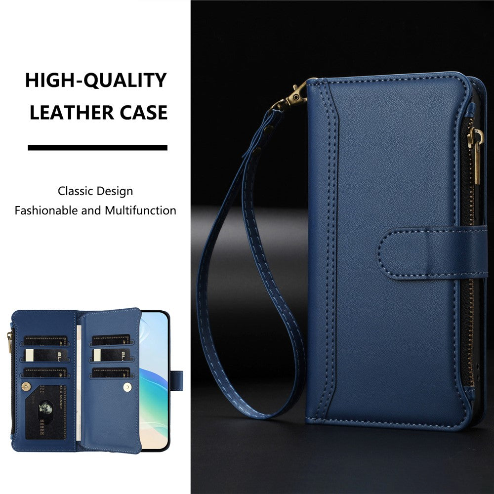 For iPhone 17e / 16e Leather Case 9 Card Slots Zipper Wallet Stand Phone Cover with Wrist Strap