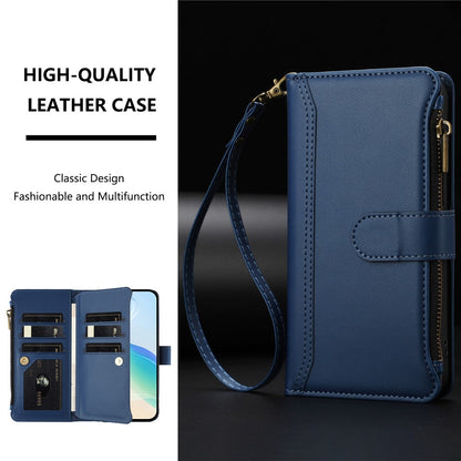 For iPhone 17e / 16e Leather Case 9 Card Slots Zipper Wallet Stand Phone Cover with Wrist Strap