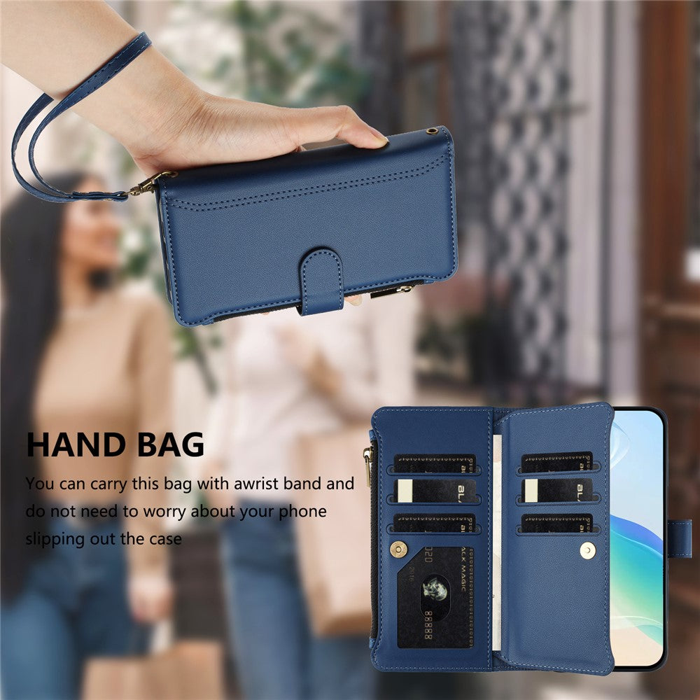 For iPhone 17e / 16e Leather Case 9 Card Slots Zipper Wallet Stand Phone Cover with Wrist Strap
