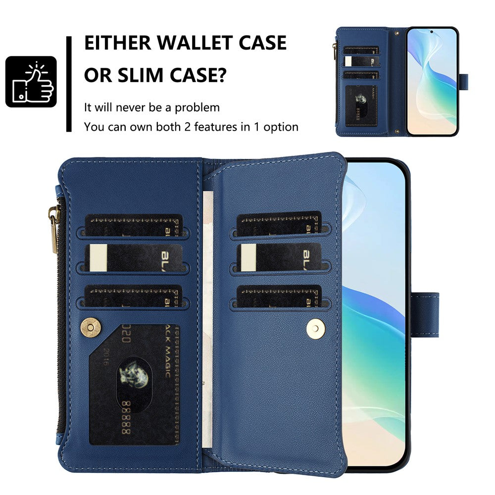 For iPhone 17e / 16e Leather Case 9 Card Slots Zipper Wallet Stand Phone Cover with Wrist Strap