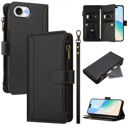 For iPhone 17e / 16e Leather Case 9 Card Slots Zipper Wallet Stand Phone Cover with Wrist Strap