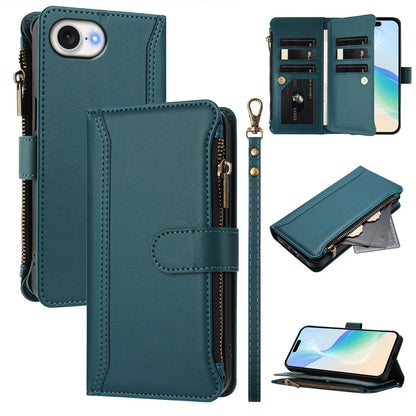 For iPhone 17e / 16e Leather Case 9 Card Slots Zipper Wallet Stand Phone Cover with Wrist Strap
