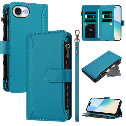 For iPhone 17e / 16e Leather Case 9 Card Slots Zipper Wallet Stand Phone Cover with Wrist Strap