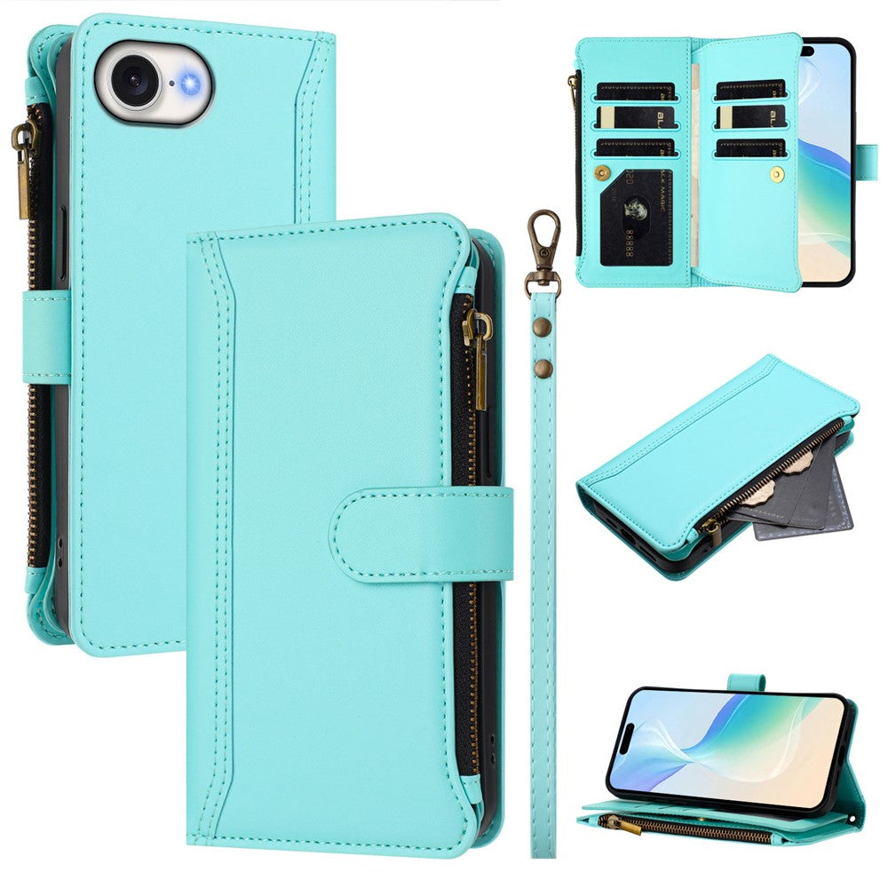 For iPhone 17e / 16e Leather Case 9 Card Slots Zipper Wallet Stand Phone Cover with Wrist Strap