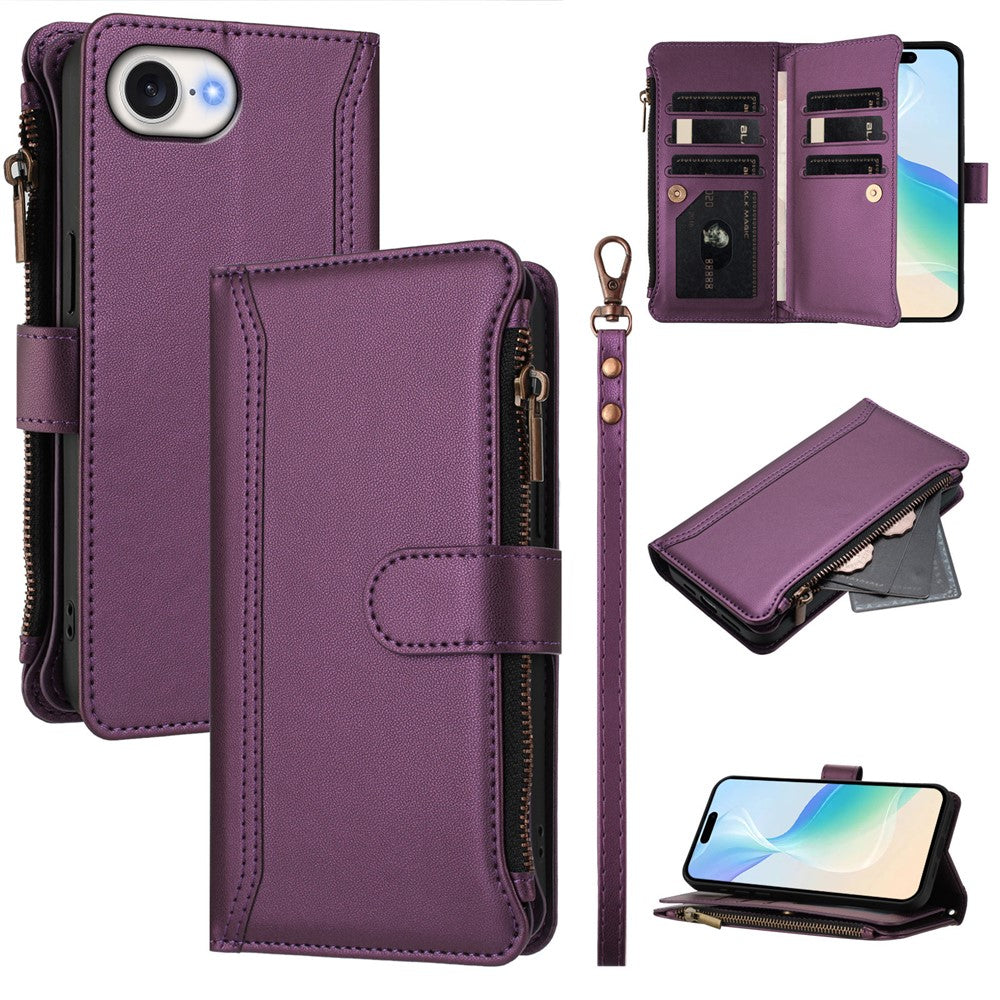 For iPhone 17e / 16e Leather Case 9 Card Slots Zipper Wallet Stand Phone Cover with Wrist Strap