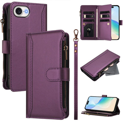 For iPhone 17e / 16e Leather Case 9 Card Slots Zipper Wallet Stand Phone Cover with Wrist Strap
