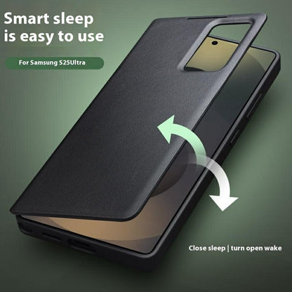 QIALINO For Samsung Galaxy S25 Ultra Case Auto Wake / Sleep View Window Genuine Cow Leather Phone Cover with Card Slot (APP Version)