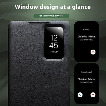 QIALINO For Samsung Galaxy S25 Ultra Case Auto Wake / Sleep View Window Genuine Cow Leather Phone Cover with Card Slot (APP Version)
