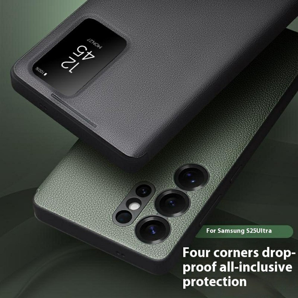 QIALINO For Samsung Galaxy S25 Ultra Case Auto Wake / Sleep View Window Genuine Cow Leather Phone Cover with Card Slot (APP Version)
