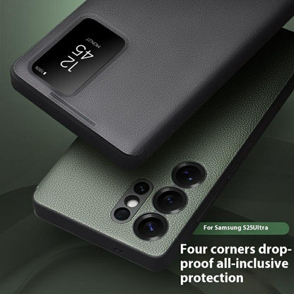 QIALINO For Samsung Galaxy S25 Ultra Case Auto Wake / Sleep View Window Genuine Cow Leather Phone Cover with Card Slot (APP Version)