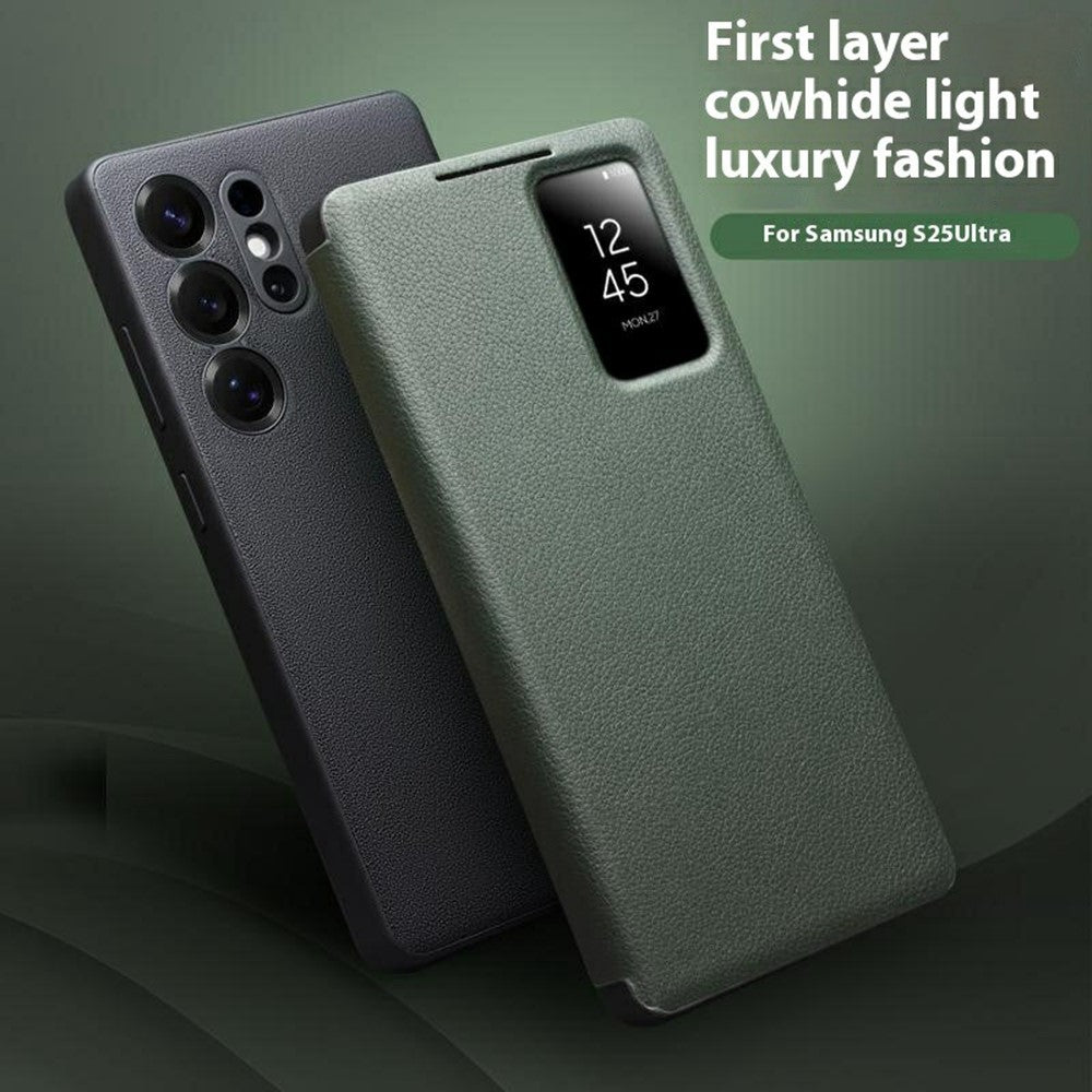 QIALINO For Samsung Galaxy S25 Ultra Case Auto Wake / Sleep View Window Genuine Cow Leather Phone Cover with Card Slot (APP Version)