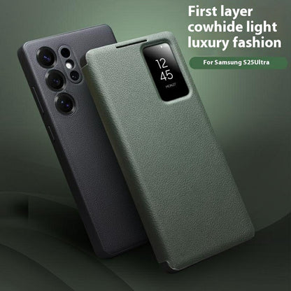 QIALINO For Samsung Galaxy S25 Ultra Case Auto Wake / Sleep View Window Genuine Cow Leather Phone Cover with Card Slot (APP Version)