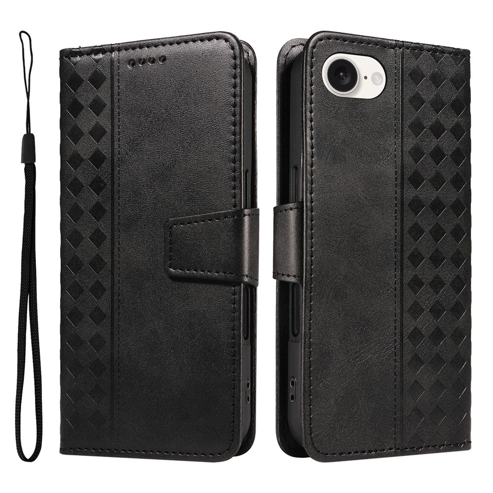 For iPhone 17e / 16e Leather Case Wallet Stand Grids Imprinted Phone Cover with Strap