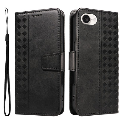 For iPhone 17e / 16e Leather Case Wallet Stand Grids Imprinted Phone Cover with Strap
