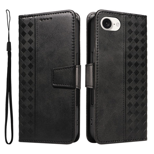 For iPhone 17e / 16e Leather Case Wallet Stand Grids Imprinted Phone Cover with Strap