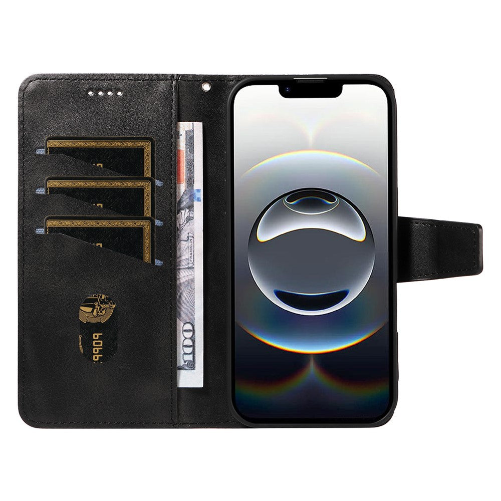 For iPhone 17e / 16e Leather Case Wallet Stand Grids Imprinted Phone Cover with Strap