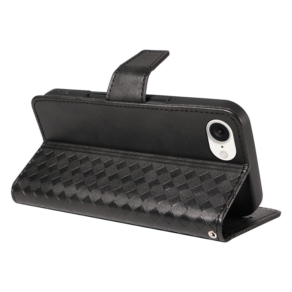 For iPhone 17e / 16e Leather Case Wallet Stand Grids Imprinted Phone Cover with Strap