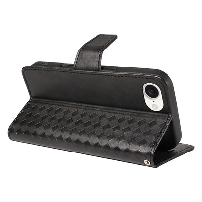 For iPhone 17e / 16e Leather Case Wallet Stand Grids Imprinted Phone Cover with Strap