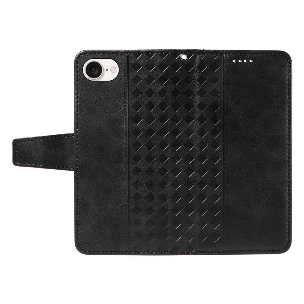 For iPhone 17e / 16e Leather Case Wallet Stand Grids Imprinted Phone Cover with Strap
