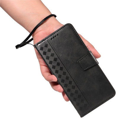For iPhone 17e / 16e Leather Case Wallet Stand Grids Imprinted Phone Cover with Strap