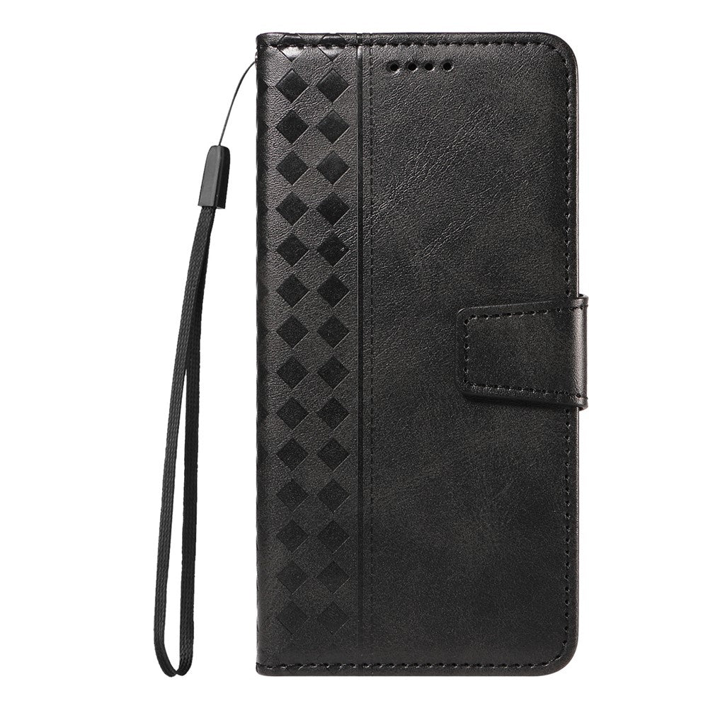 For iPhone 17e / 16e Leather Case Wallet Stand Grids Imprinted Phone Cover with Strap