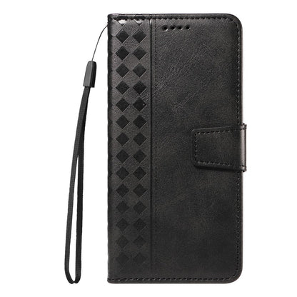 For iPhone 17e / 16e Leather Case Wallet Stand Grids Imprinted Phone Cover with Strap
