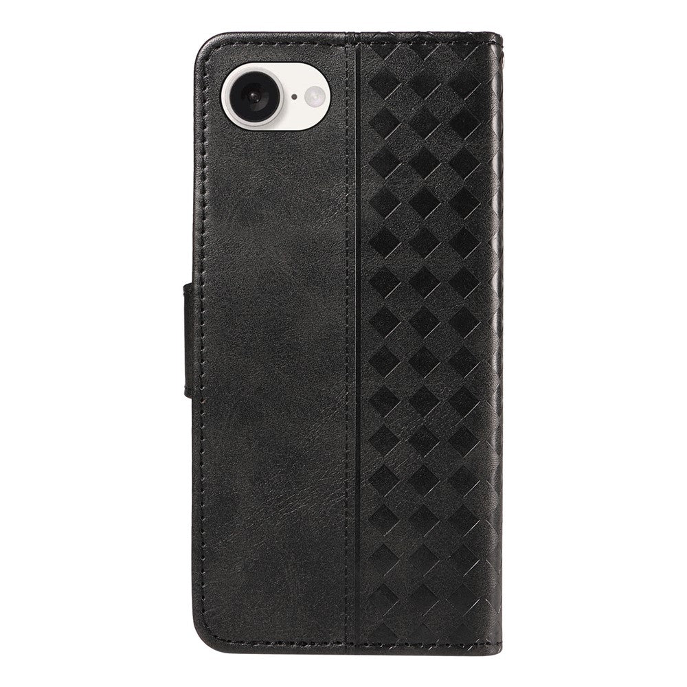 For iPhone 17e / 16e Leather Case Wallet Stand Grids Imprinted Phone Cover with Strap