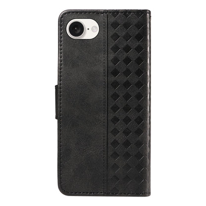 For iPhone 17e / 16e Leather Case Wallet Stand Grids Imprinted Phone Cover with Strap