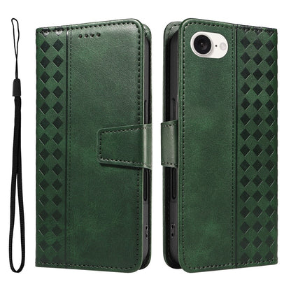 For iPhone 17e / 16e Leather Case Wallet Stand Grids Imprinted Phone Cover with Strap