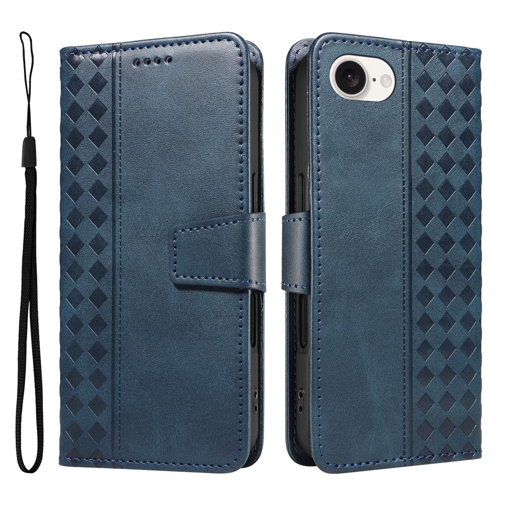 For iPhone 17e / 16e Leather Case Wallet Stand Grids Imprinted Phone Cover with Strap