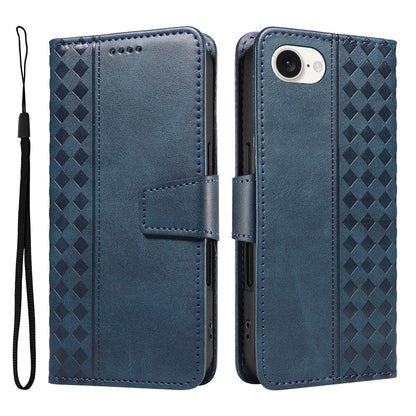 For iPhone 17e / 16e Leather Case Wallet Stand Grids Imprinted Phone Cover with Strap
